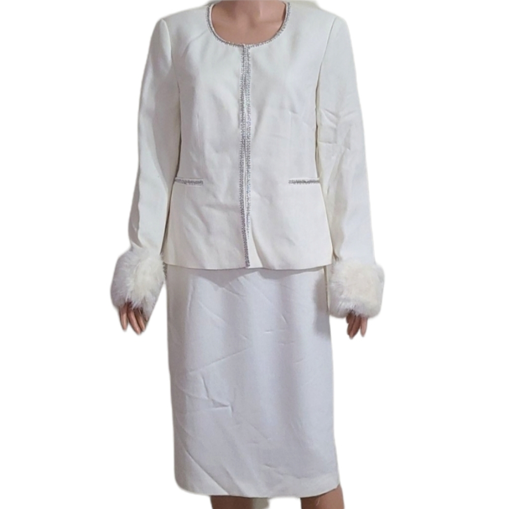 METROSTYLE Cream/Silver 2 Piece Skirt & Suit Blazer Jacket Women Size 8